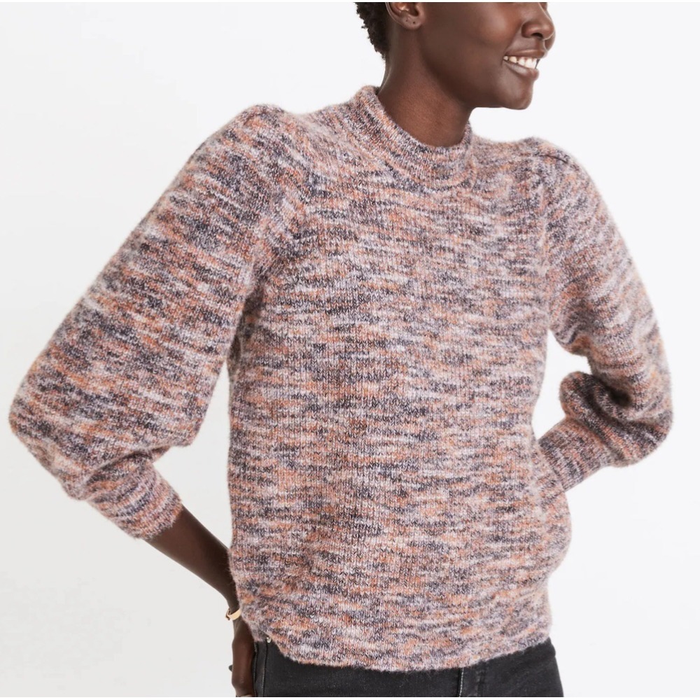 Madewell Womens Eaton Nicole Puff Sleeve Space Dye Marble Plum Chunky Sweater Sm